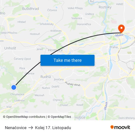 Nenačovice to Kolej 17. Listopadu map