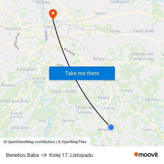 Benešov, Baba to Kolej 17. Listopadu map