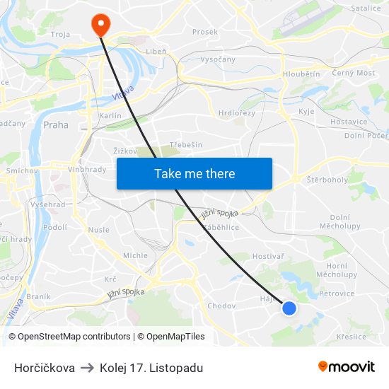 Horčičkova to Kolej 17. Listopadu map