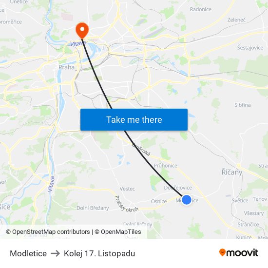 Modletice (B) to Kolej 17. Listopadu map