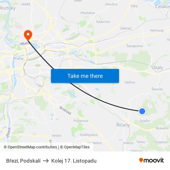 Březí, Podskalí to Kolej 17. Listopadu map