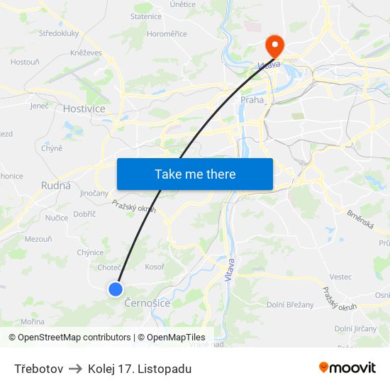 Třebotov (B) to Kolej 17. Listopadu map