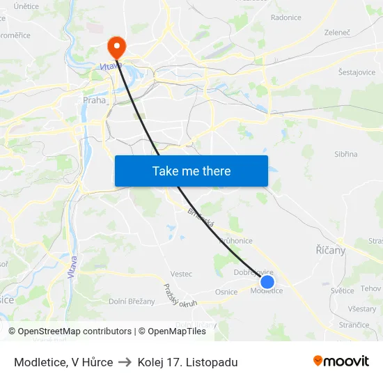 Modletice, V Hůrce to Kolej 17. Listopadu map