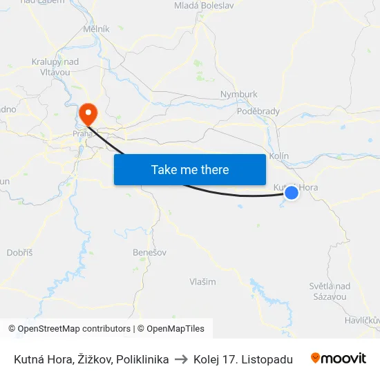 Kutná Hora, Žižkov, Poliklinika to Kolej 17. Listopadu map