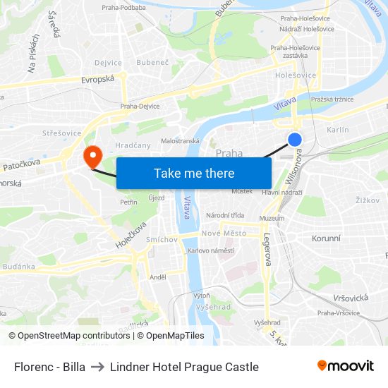 Florenc - Billa to Lindner Hotel Prague Castle map