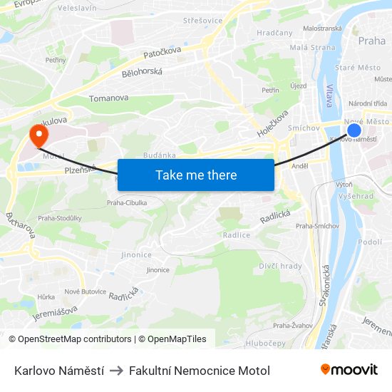 Karlovo Náměstí to Fakultní Nemocnice Motol map