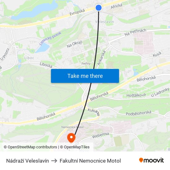 Nádraží Veleslavín to Fakultní Nemocnice Motol map