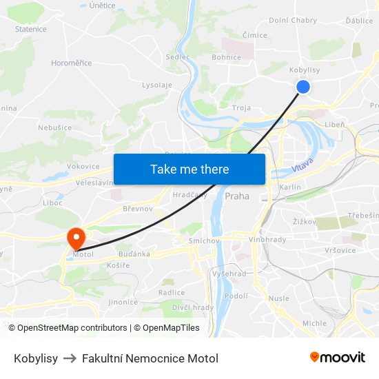 Kobylisy to Fakultní Nemocnice Motol map