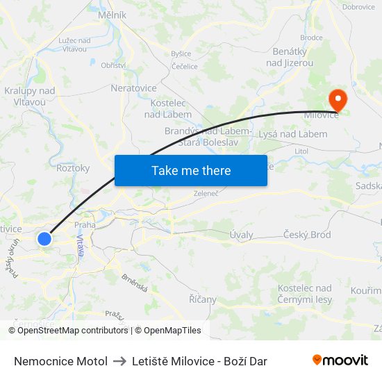 Nemocnice Motol to Letiště Milovice - Boží Dar map