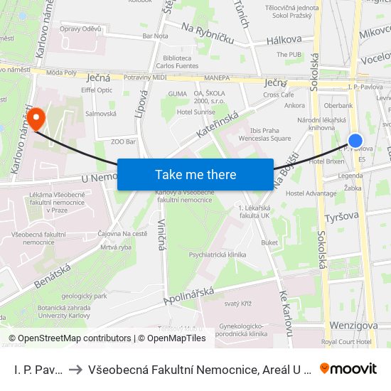 I. P. Pavlova to Všeobecná Fakultní Nemocnice, Areál U Nemocnice 1 map