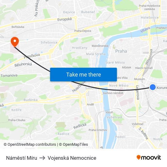 Náměstí Míru to Vojenská Nemocnice map