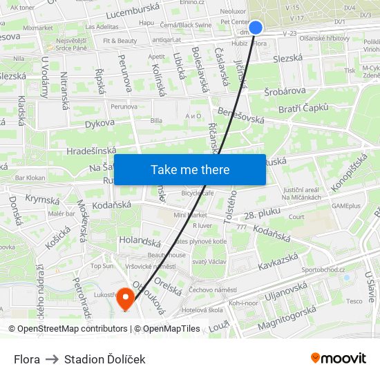Flora to Stadion Ďolíček map