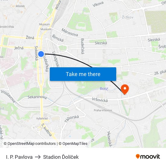I. P. Pavlova to Stadion Ďolíček map