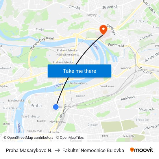 Praha Masarykovo N. to Fakultní Nemocnice Bulovka map