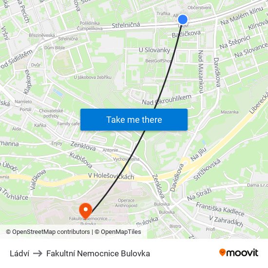 Ládví to Fakultní Nemocnice Bulovka map