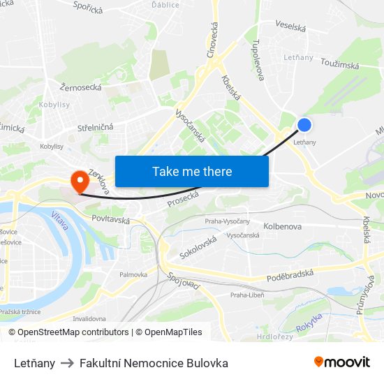 Letňany to Fakultní Nemocnice Bulovka map