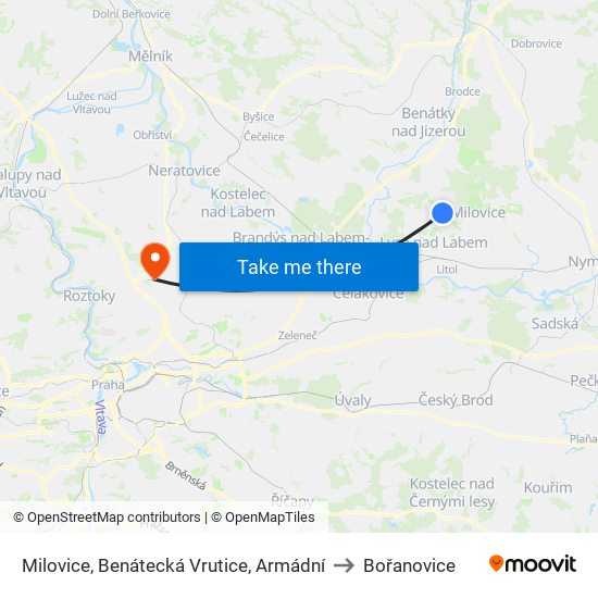 Milovice, Benátecká Vrutice, Armádní to Bořanovice map