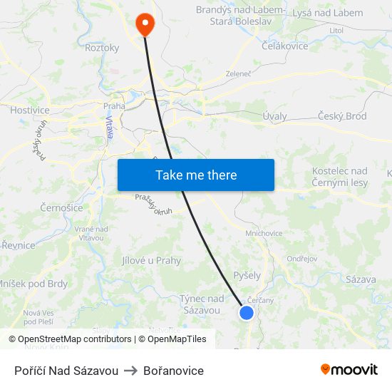 Poříčí Nad Sázavou to Bořanovice map