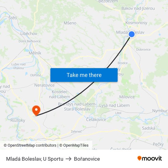 Mladá Boleslav, U Sportu to Bořanovice map