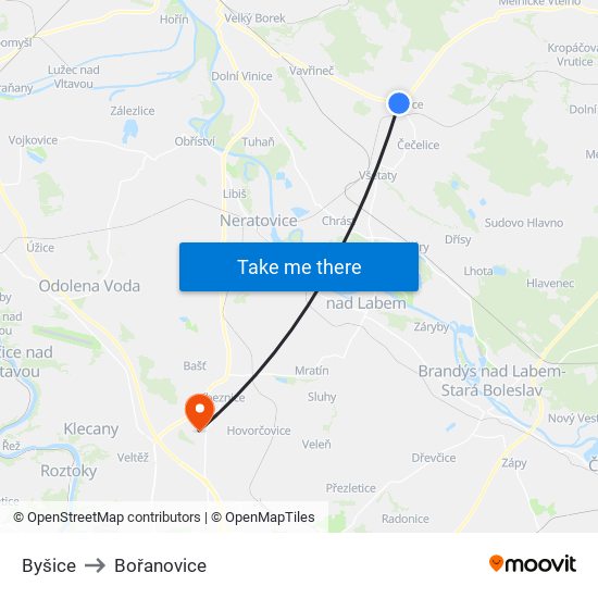 Byšice (A) to Bořanovice map