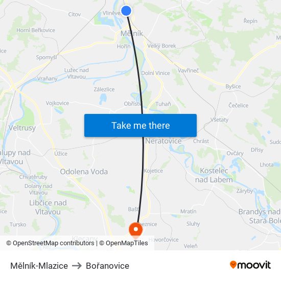 Mělník-Mlazice to Bořanovice map