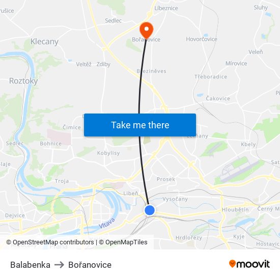 Balabenka to Bořanovice map