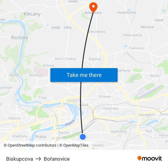 Biskupcova (B) to Bořanovice map