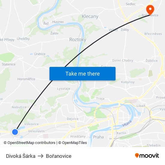 Divoká Šárka to Bořanovice map