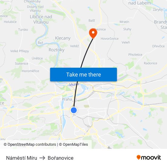 Náměstí Míru to Bořanovice map