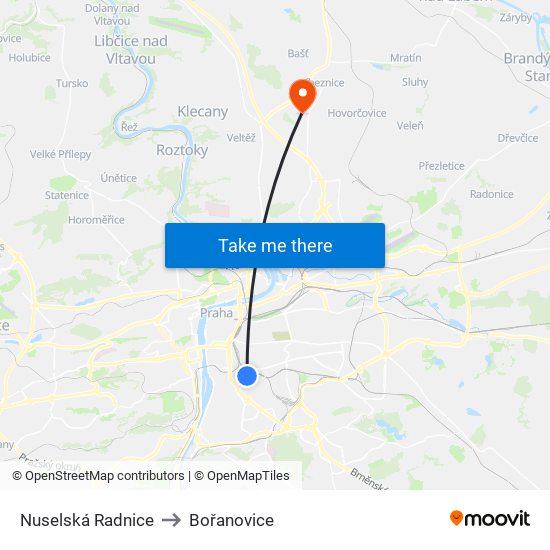 Nuselská Radnice to Bořanovice map