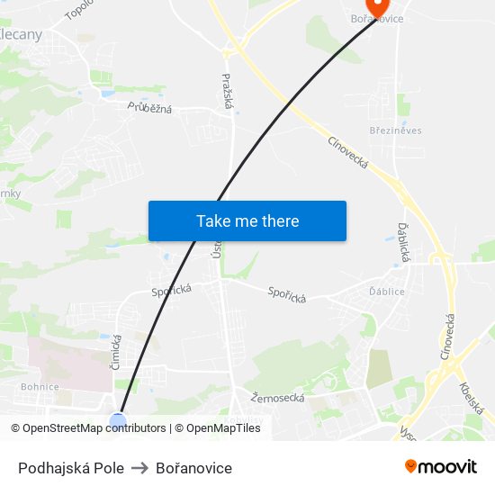 Podhajská Pole (B) to Bořanovice map