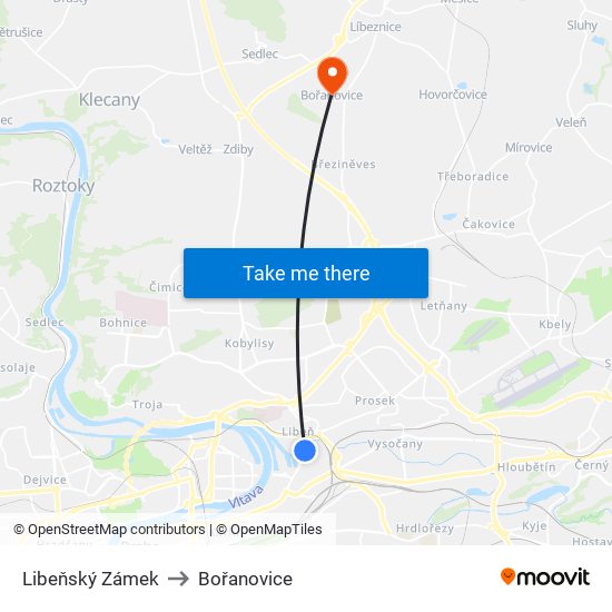 Libeňský Zámek (A) to Bořanovice map