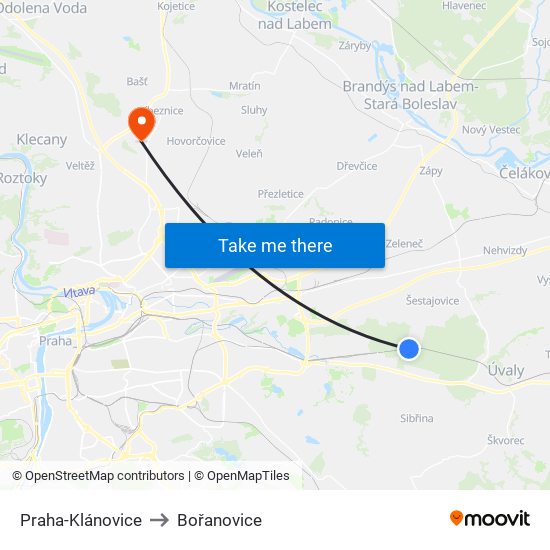 Praha-Klánovice to Bořanovice map