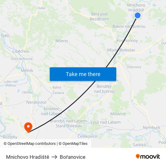 Mnichovo Hradiště to Bořanovice map