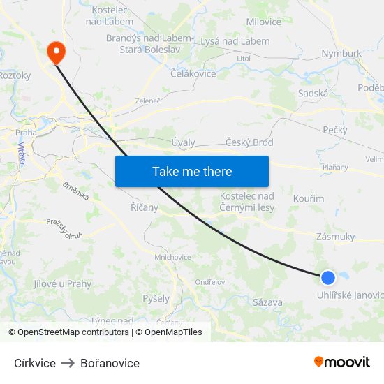 Církvice to Bořanovice map