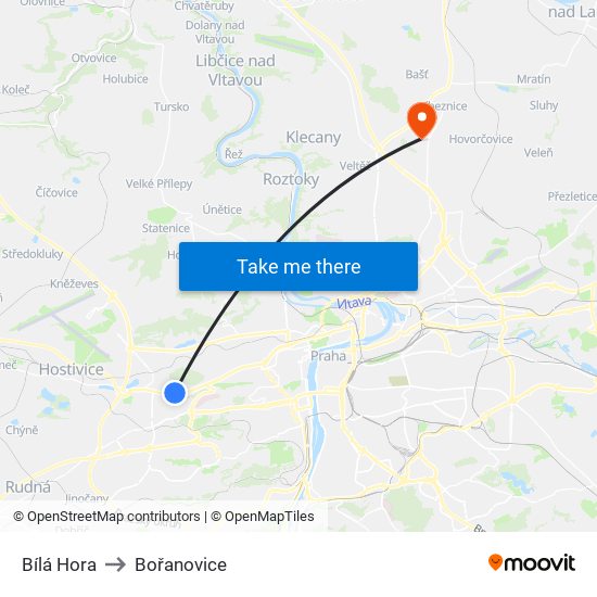 Bílá Hora to Bořanovice map