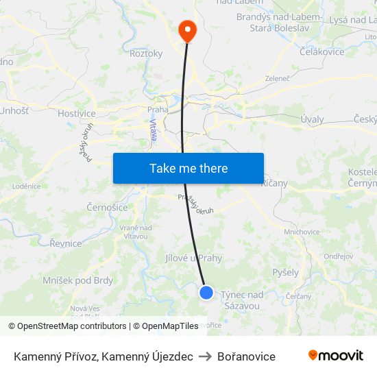 Kamenný Přívoz, Kamenný Újezdec to Bořanovice map