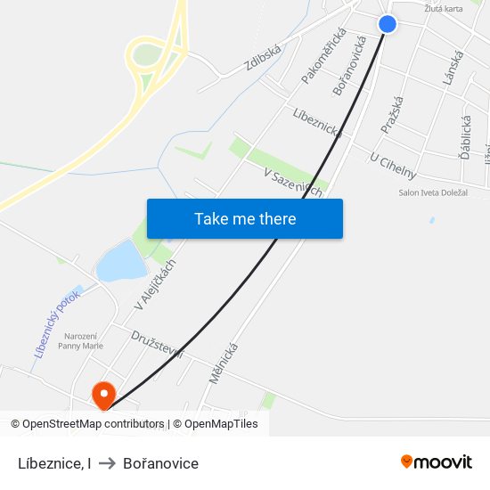 Líbeznice, I (A) to Bořanovice map