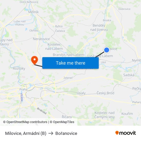 Milovice, Armádní to Bořanovice map