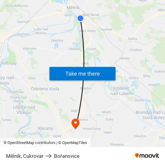 Mělník, Cukrovar to Bořanovice map