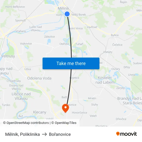Mělník, Poliklinika to Bořanovice map