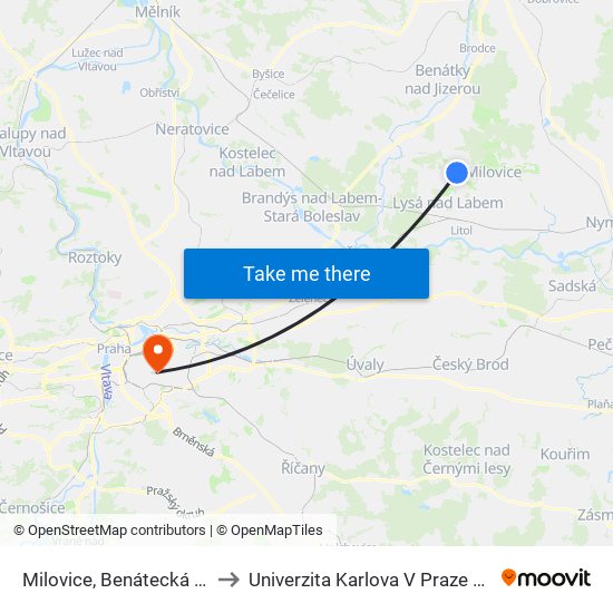 Milovice, Benátecká Vrutice, Armádní (B) to Univerzita Karlova V Praze – 3. Lékařská Fakulta map