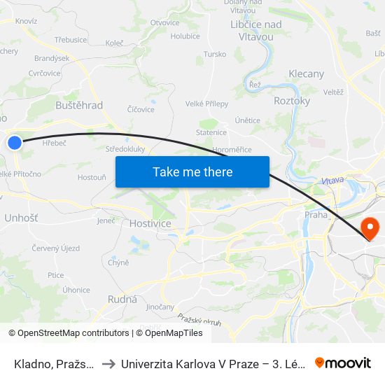Kladno, Pražská Křiž. to Univerzita Karlova V Praze – 3. Lékařská Fakulta map