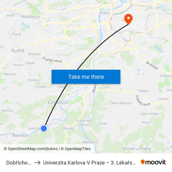 Dobřichovice to Univerzita Karlova V Praze – 3. Lékařská Fakulta map