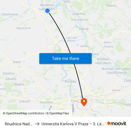 Roudnice Nad Labem to Univerzita Karlova V Praze – 3. Lékařská Fakulta map