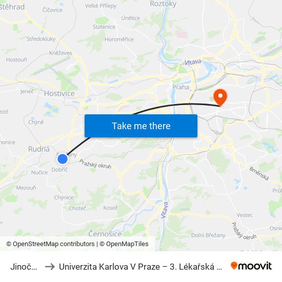 Jinočany to Univerzita Karlova V Praze – 3. Lékařská Fakulta map