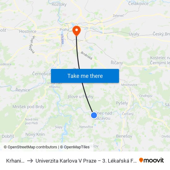 Krhanice to Univerzita Karlova V Praze – 3. Lékařská Fakulta map