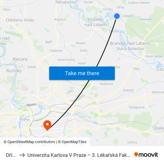 Dřísy to Univerzita Karlova V Praze – 3. Lékařská Fakulta map