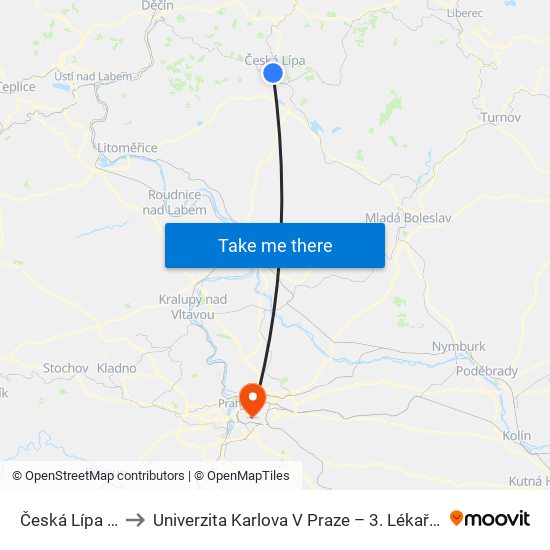 Česká Lípa Hl.N. to Univerzita Karlova V Praze – 3. Lékařská Fakulta map