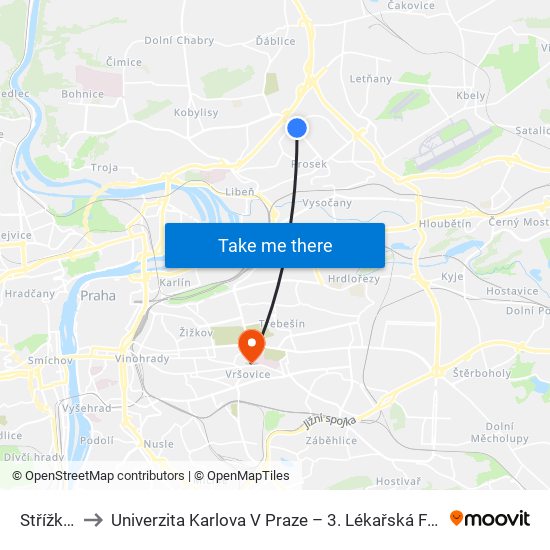 Střížkov to Univerzita Karlova V Praze – 3. Lékařská Fakulta map